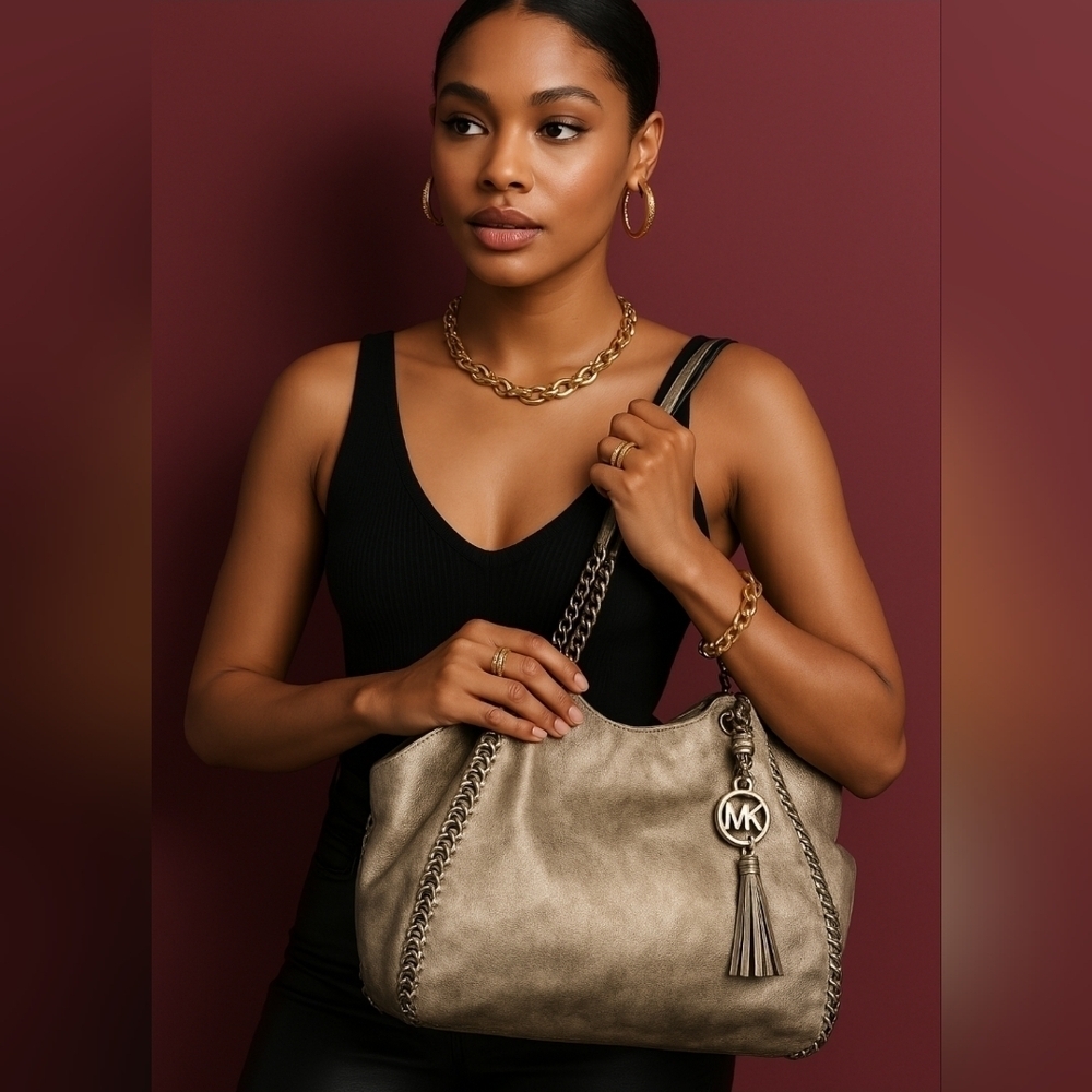 Michael Kors Handbag Women L Chelsea Metallic Tan Whipstitch Tassel Shoulder Bag